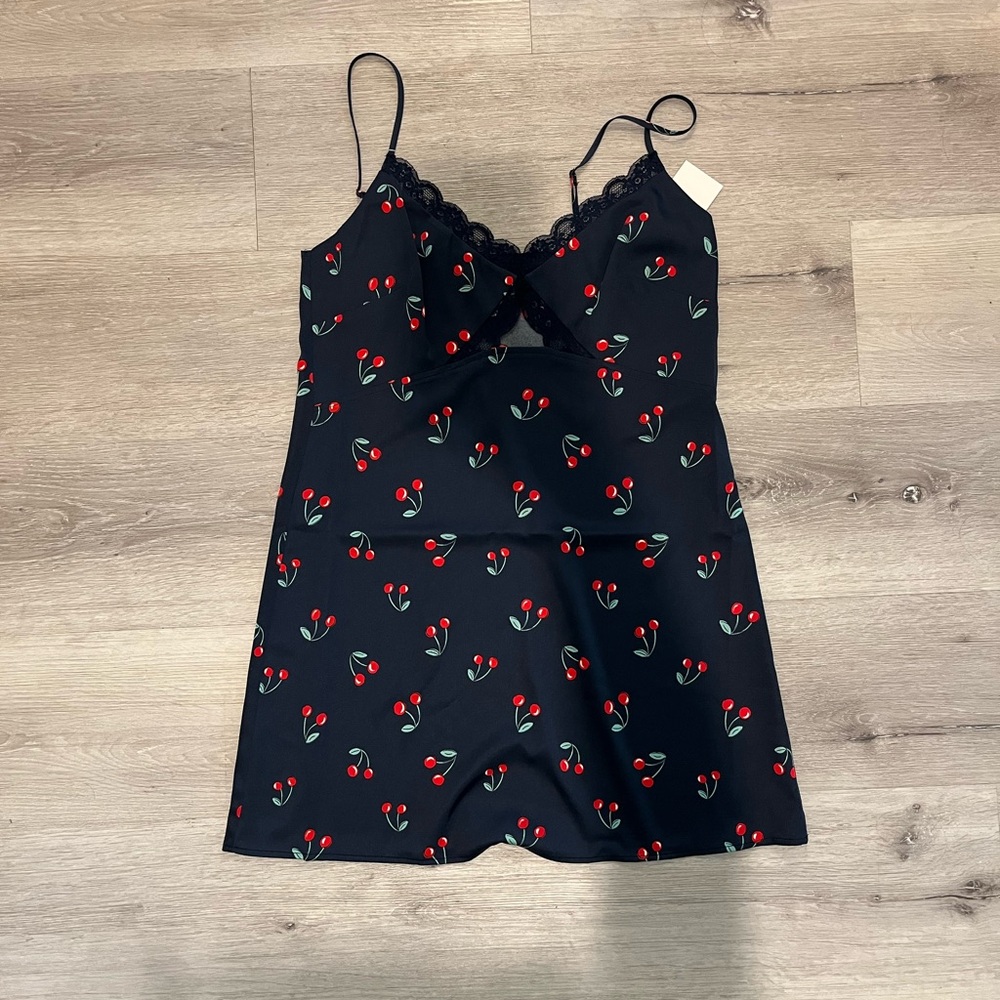 Navy Blue Slip Dress with Cherry Print